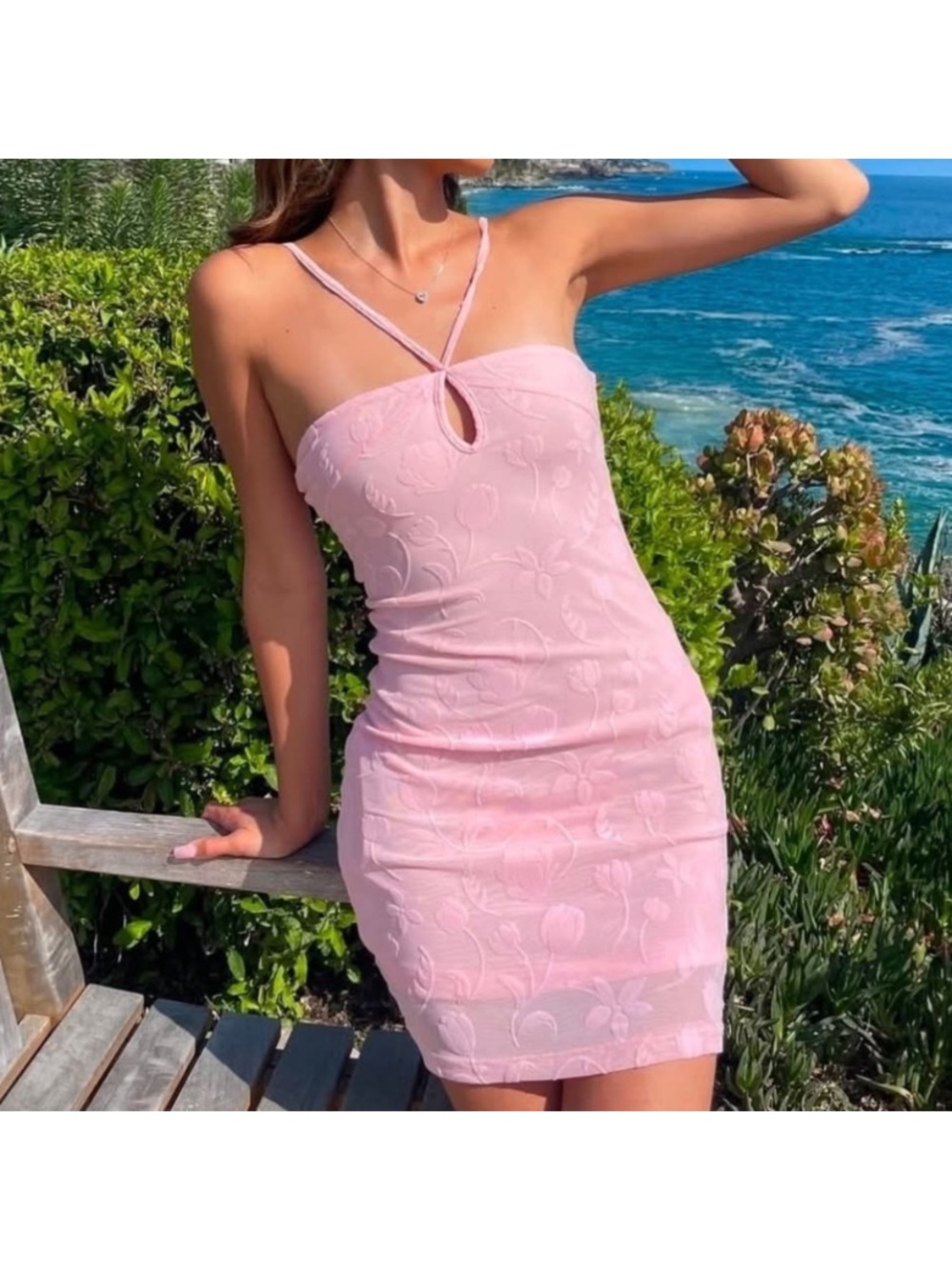 Blackbough Pink Embroidered Mini Dress with Crisscross Straps